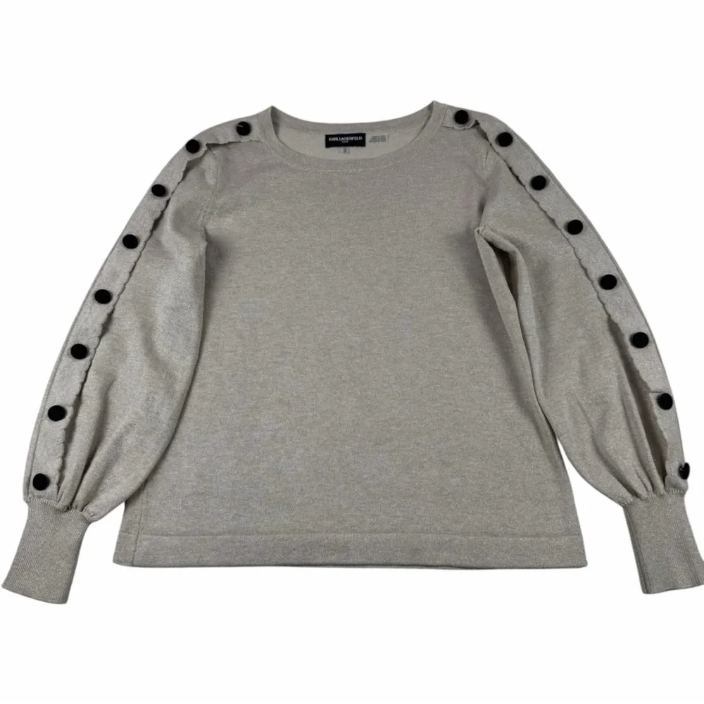Karl Lagerfeld Metallic Balloon Sleeve Sweater Medium | Shimmer Knit A28 - Picture 2 of 6